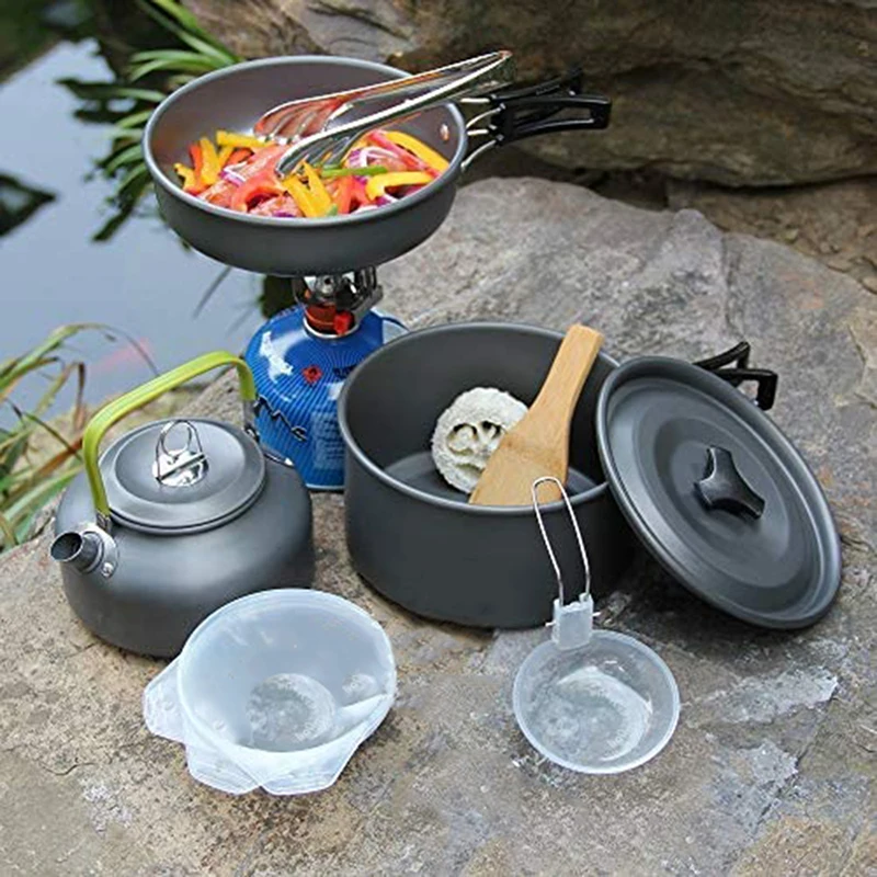 Camping Cookware Set Outdoor Nonstick Portable Cooking Kit Water Kettle Pan Pot Travelling Hiking Picnic BBQ Tableware Equipment
