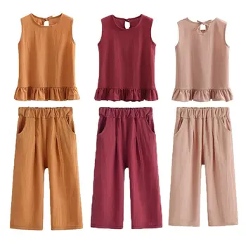 

4-6Y Summer Toddler Baby Girls Clothes 2pcs Kids Baby Girl Casual Solid Sleeveless Ruffle Top Shirt+Pants Outfit Set