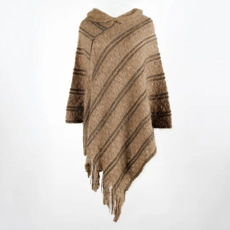 Хаки Autumn winter Cloak shawl Pullover knitted sweaters women Fringed cloak shawl Hooded shawl striped lady sweaters women - Цвет: Хаки