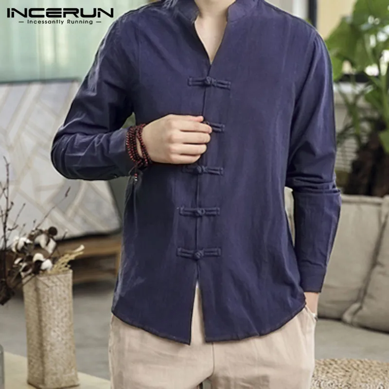 INCERUN китайский стиль Мужская рубашка с длинными рукавами сплошной цвет винтажный воротник-стойка свитеры с пуговицами Ретро хлопковое белье Брендовые повседневные рубашки