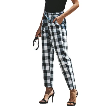 

Streetwear Vintage Black White Plaid Pants Women Casual Summer Trousers High Waist Sashes Ninth Pant Lady Harem Pants Plus Size