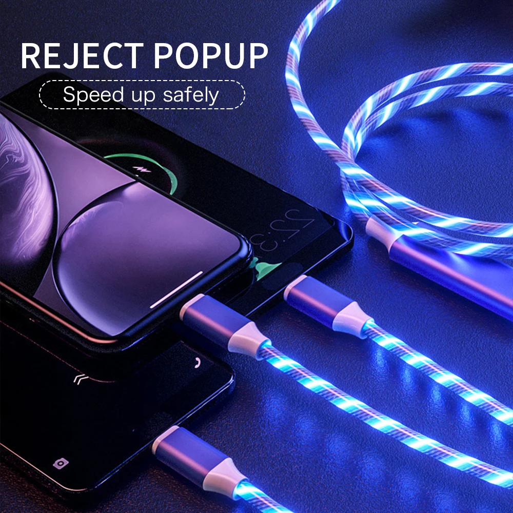 Светодиодный светящийся струящийся кабель для iPhone XS X 8 7 6 зарядное устройство 3 в 1 Micro USB кабель для Android usb type C кабели для мобильных телефонов