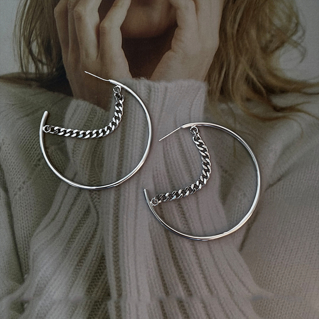 and American Design Chain Metal Circle Hoop Earrings Korean Fashion Jewelry For Woman Girls Party Simple Accessories
