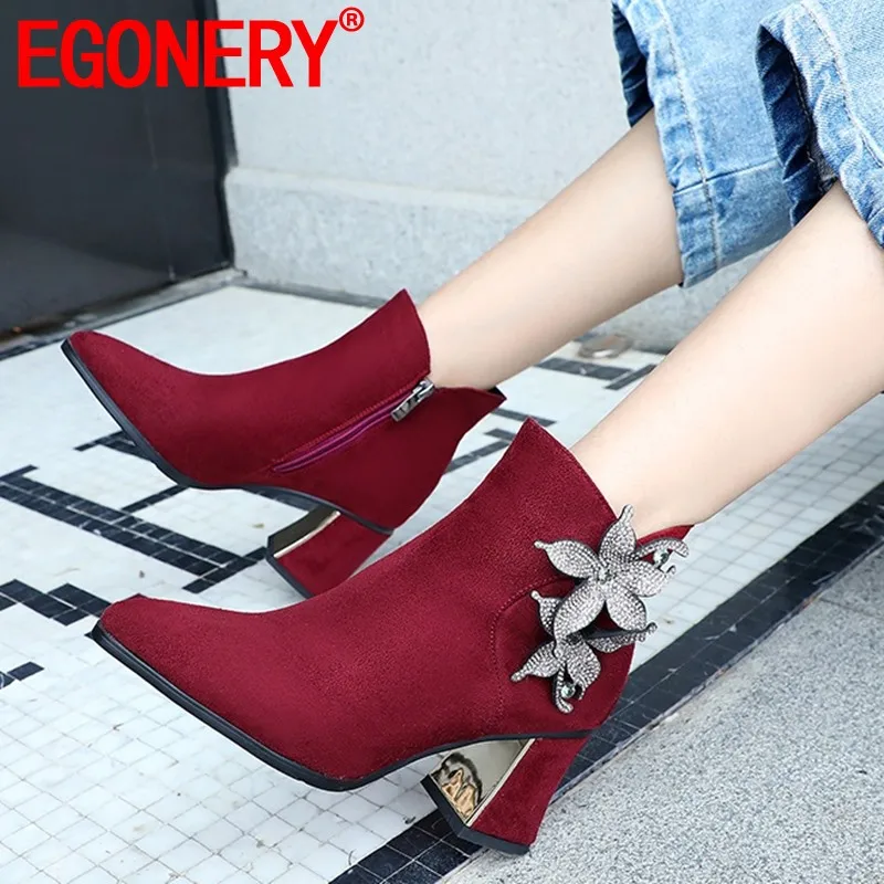 

EGONERY 2019 winter warm new ankle boots outside high heels crystal pointed toe flock plus size office women shoes drop shipping