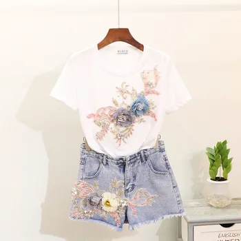 

Women's nail bead embroidery stereoscopic Short-sleeved T-shirt + raw denim shorts Sets
