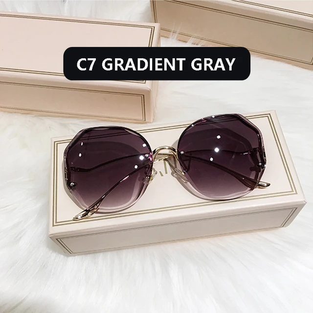 2021 Fashion Tea Gradient Sunglasses Women Ocean Water Cut Trimmed Lens Metal Curved Temples Sun Glasses Female UV400 C7