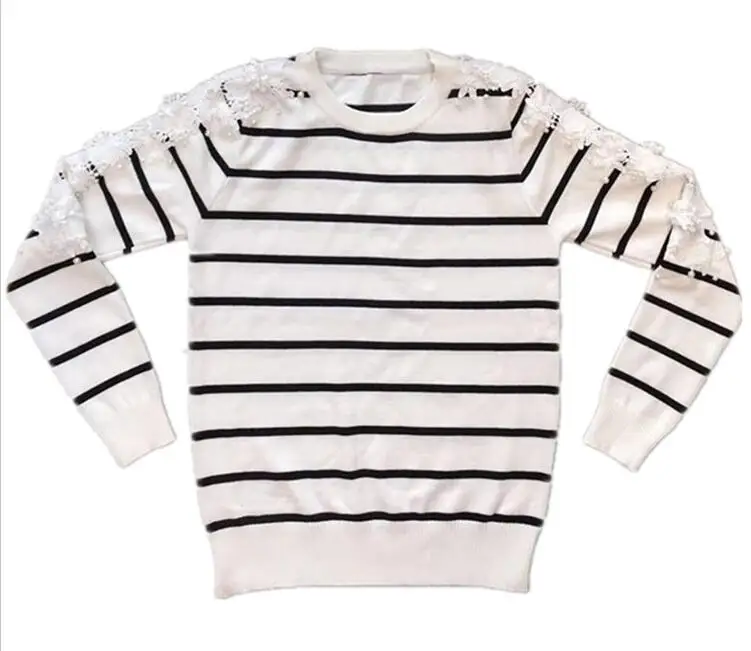 striped white LUOSHA женский осенне-зимний кружевной топ с вырезами, жемчужный пуловер и свитер, полосатый вязаный лоскутный женский модный топ, Pull Femme - Цвет: striped white