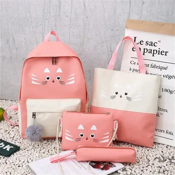 

Backpack Women Middle Schoolbag Canvas Large Capacity Four-piece Bags Cute Cat Schoolbags Fashion Preppy style Travelling Bags