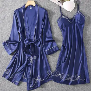 

2PCS Nighty&Robe Suit Nightgown Silky Women Nightdress Casual Satin Kimono Bathrobe Gown Intimate Lingerie Print Nightwear