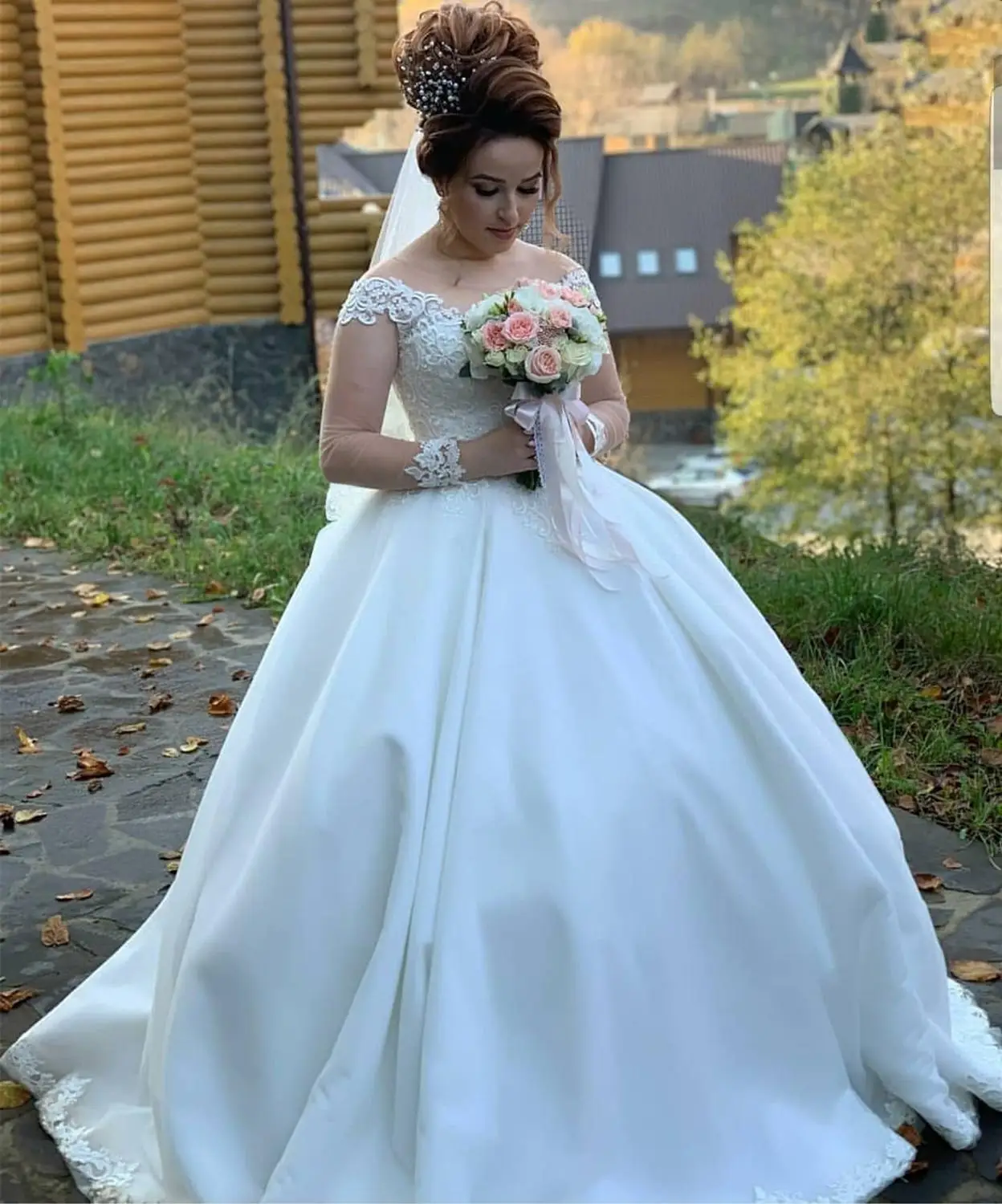 

2020 A-Line Wedding Dress Plus Size long Sleeve Floor Length Scoop Tulle High Quality For Women Bride