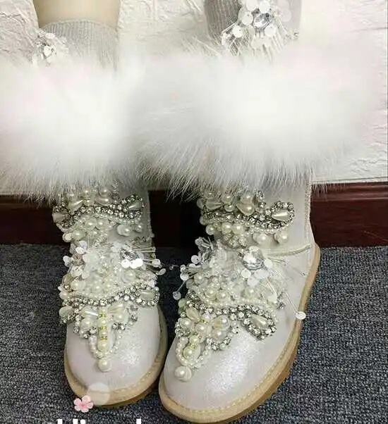 

Luxury natural fox fur snow boots waterproof leather boots ankle boots real fur leather ladies flat shoes