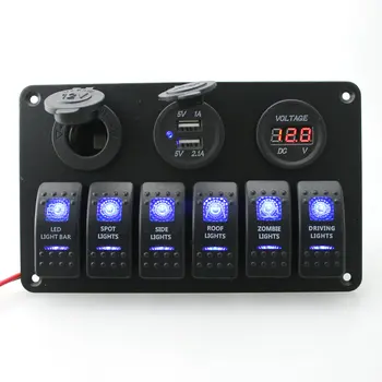 

DC 12 V/24 V Car Marine Boat 6-Gang Waterproof Circuit Blue LED Rocker Switch Panel Breaker USB Charger Switches Relays