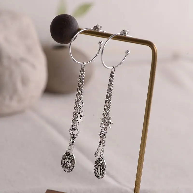BALMORA Настоящее серебро 925 проба, Винтажные серьги Mary Star& Key Drop с кисточками для женщин, для девочек, крутые ювелирные изделия в стиле панк