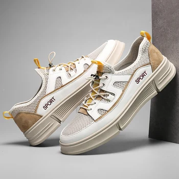 

New fashion men's sneakers leather and mesh design comfortable breathable rubber sole soft non-slip men's sports shoes