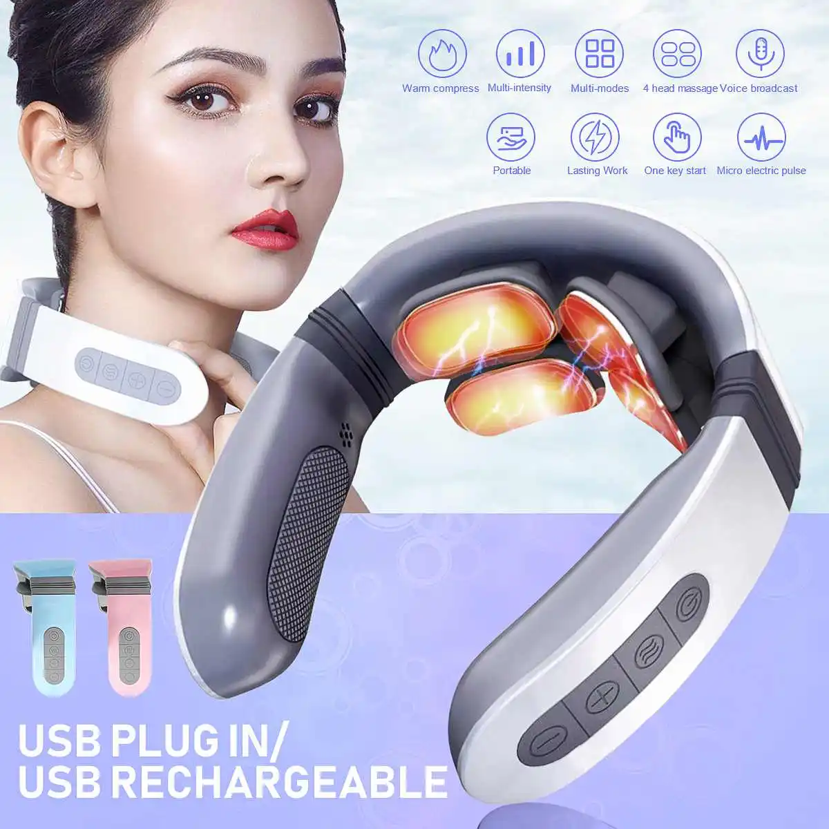 Электрический массажер для шеи 3D 4 головки USB магнитный импульсный беспроводной