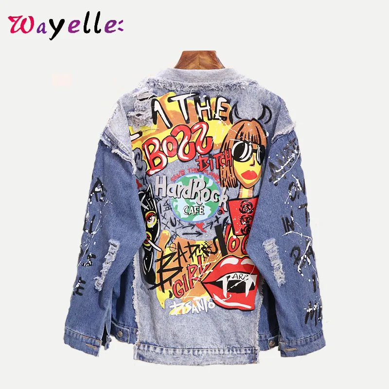 

Hip Hop Jean Jacket Women Funny Printed Fashion Denim Jackets 2019 Fall Graffiti Appliques Washing Material Unisex Loose Coats