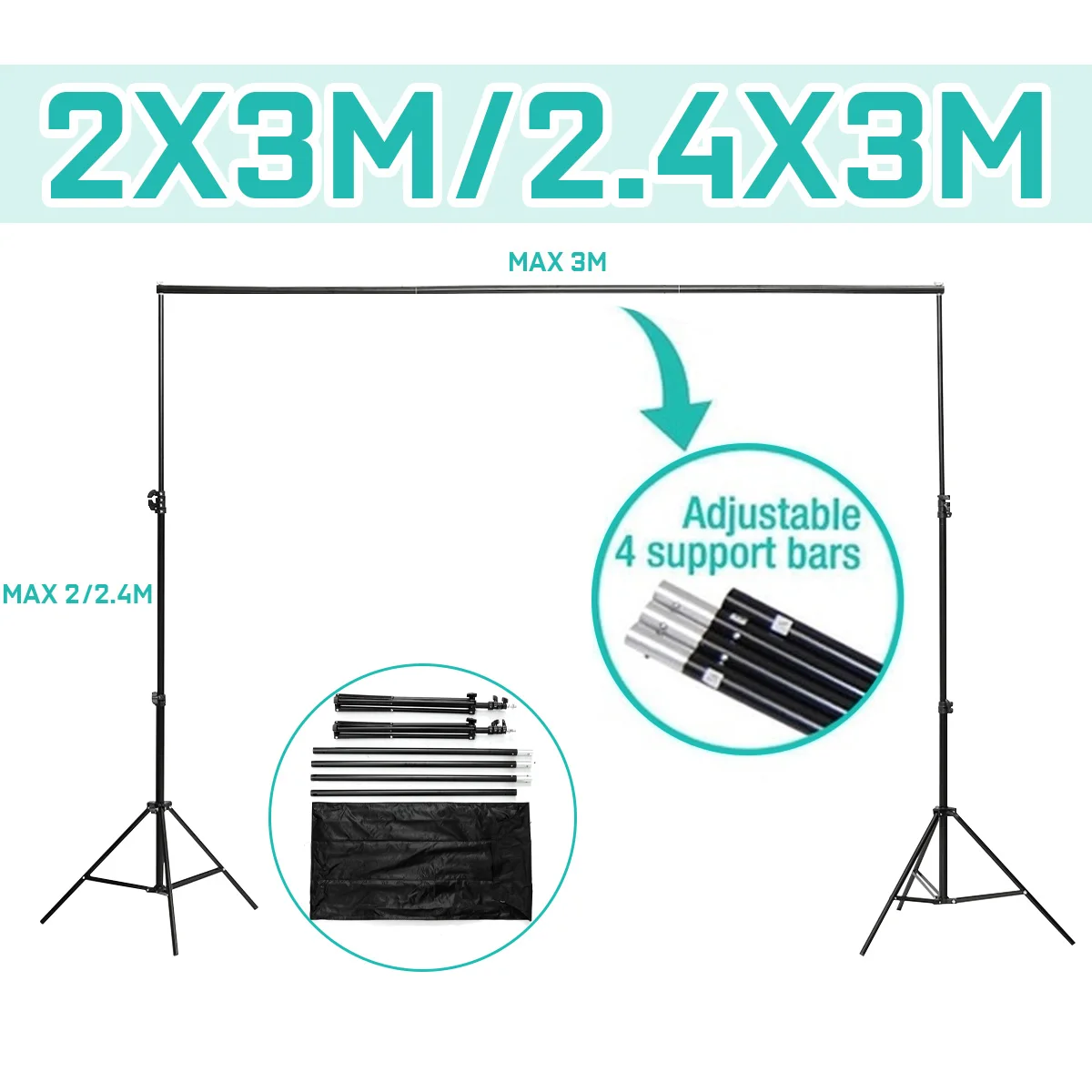 

6x9ft/ 7X9ft Photography Photo Backdrop Support Stand Set Adjustable Backdrops Frame Background Crossbar Kit + Storage Bag