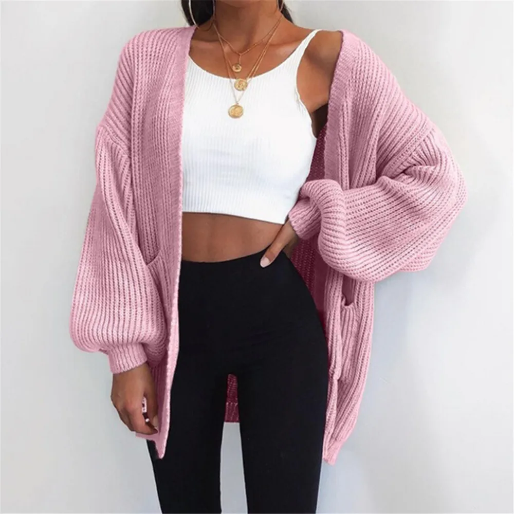 

2019 New Women Ladies Solid Long Lantern Sleeve Cardigan Autumn Winter Casual Loose Sweater Tops