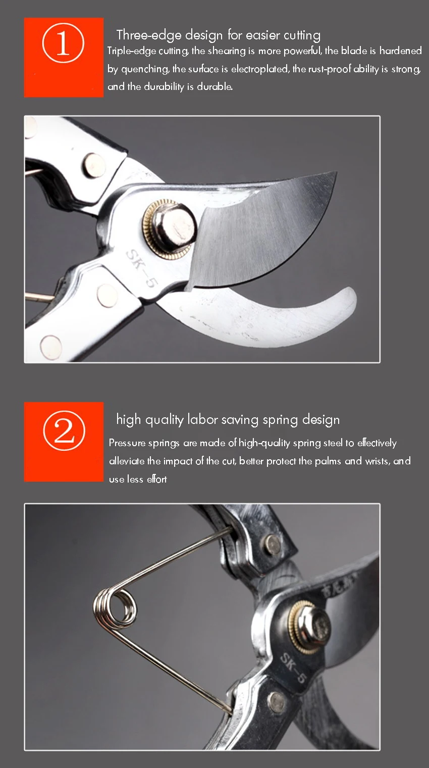 Garden Fruit Branch Shears Bypass Pruners SK5 High Carbon Steel Blade Pruning Shears, Stainless Steel Handle, Safety Lock Design