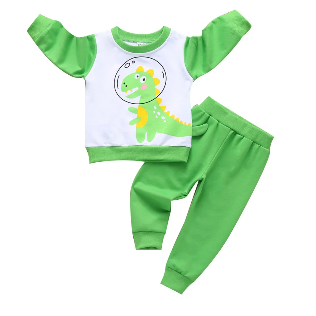 Children Long Sleeve Cartoon Dinosaur Tops Trousers Pajamas Set Toddler Baby Boys Girls T-shirt Pants Pajamas Sleepwear Outfits
