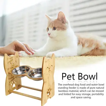 

Pet Cat Double Bowls Dog Cat Food Water Feeder Ceramic Dish Bowl Bamboo Rack Cats Feeding Dishes Dogs Drink Bowl Pet Supplies #2