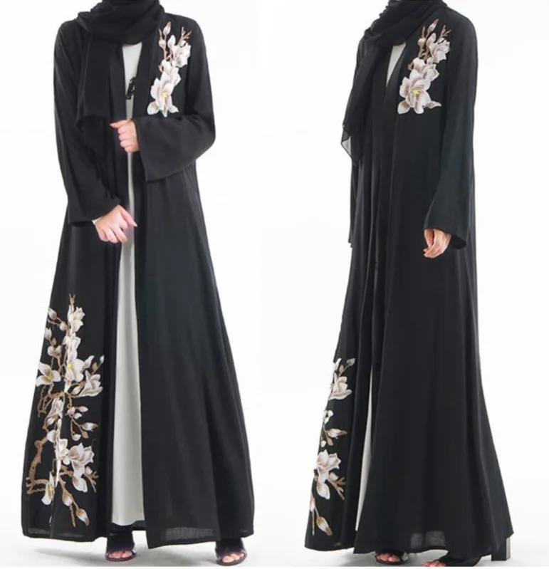 Мусульманские женские платья кардиган халат Магнолия цветок вышивка Свободное пальто абайя исламское платье Дубай марокканские платья