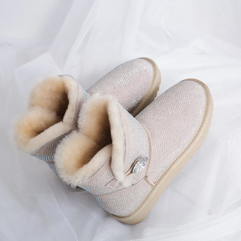 Skup Luksusowe buty kobieta prawdziwej skóry Rhinestone śnieg buty płaskie futro z wełny kobiety zimowe buty ciepła platforma plus rozmiar botki DE