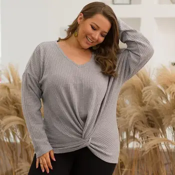 

Women Autumn Winter V-Neck Knitted Top Loose Long-Sleeved Plus Size Sweater Casual Thin Bottom Knot Pullover