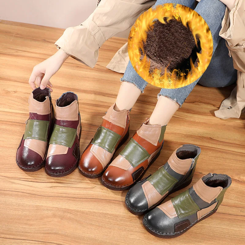 OUKAHUI/осенние теплые винтажные женские ботильоны из натуральной кожи; зимняя повседневная обувь; разноцветные женские полусапожки без шнуровки
