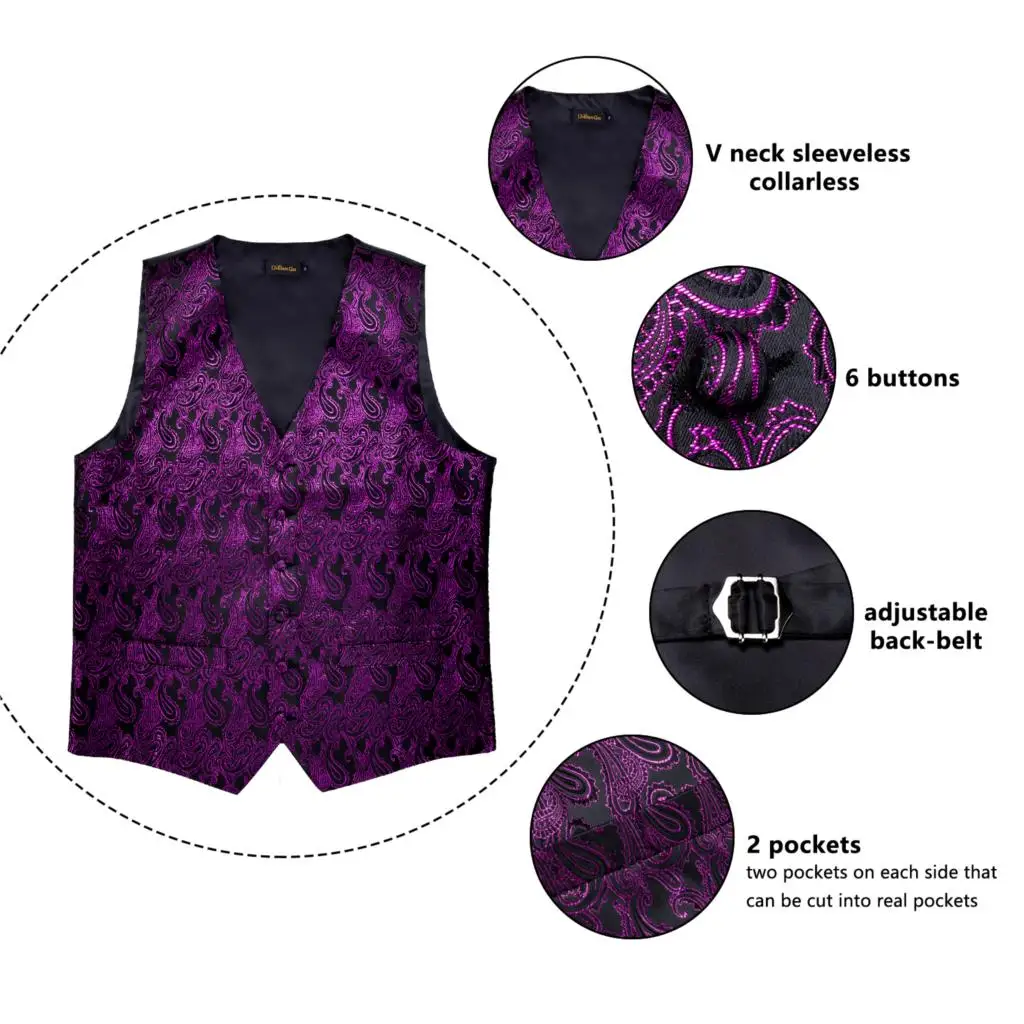 Men's Purple Black Paisley Silk Wedding Waistcoat Vest For Men Bowtie Hanky Cufflinks Cravat Set for Suit Tuxedo DiBanGu MJ-121