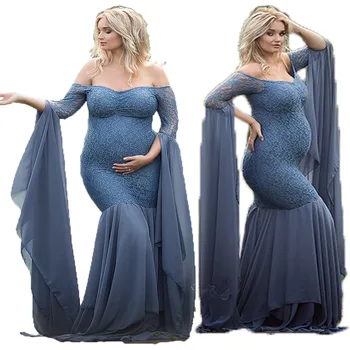 

One-shoulder lace translucent ribbon sexy pregnant mom's dresses women's dress shooting costumes