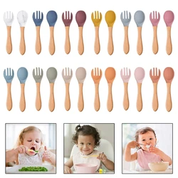 Ensemble de cuillères et fourchettes en Silicone avec manche en bois pour bébés, 2 pièces, 2022, TYY 