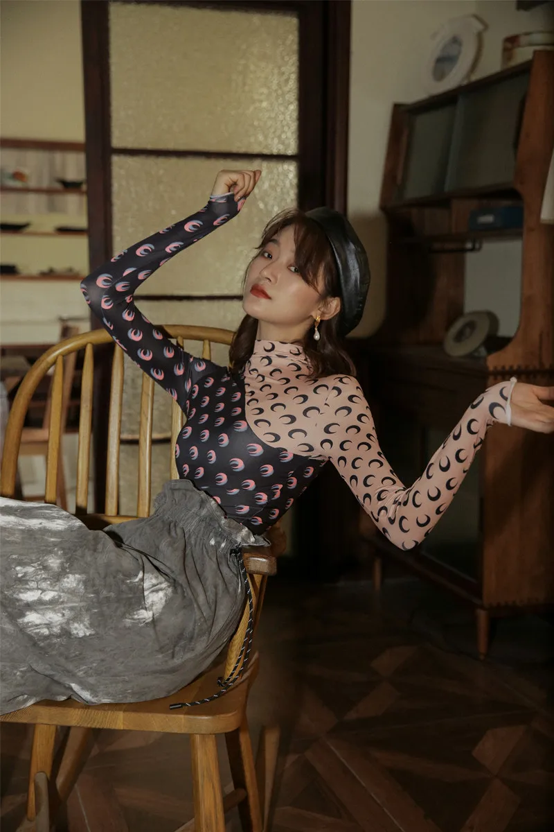 Skup CHEERART 2020 projektant nadruk z księżycem T koszula kobiety golf z długimi rękawami Top color block Tee koszula bielizna odzież