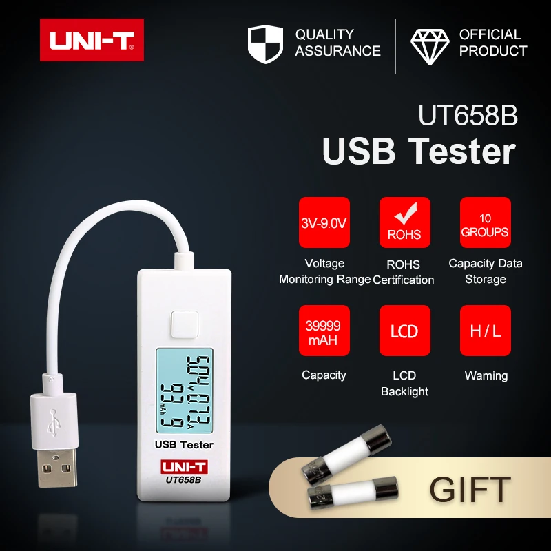 

USB Tester UNI-T UT658 UT658B Mobile Phone Notebook Mobile Power Safety Monitor 3.0V-9.0V/0.0A-3.0A Low Warning LCD Display