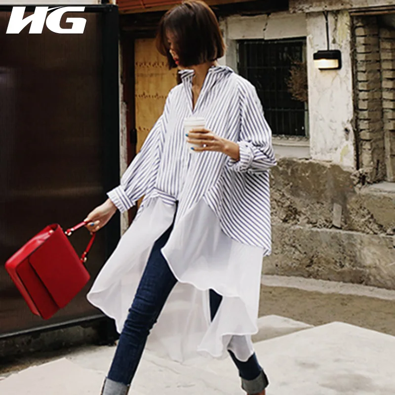 

HG Fake Two Spliced Blouse Women Striped Irregular Turn Down Collar Loose Fashion Leisure 2019 New Autumn Shirt Lady ZYQ1504