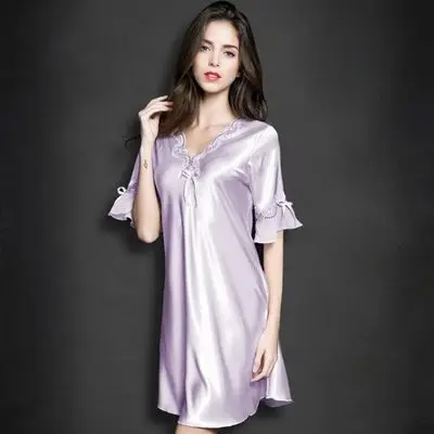Одежда для сна с v-образным вырезом ночная рубашка версия Ice Silk с Коротким Рукавом Кружевная юбка Ночная сексуальная пижама женское шелковое белье платье для сна - Цвет: Фиолетовый