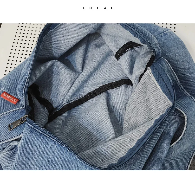 Дорожная сумка Для женщин в Корейском стиле больших Ёмкость открытый Повседневное дорожная сумка через плечо, сумка для Для Мужчин's Потертая джинсовая ткань сплошной Цвет рюкзак