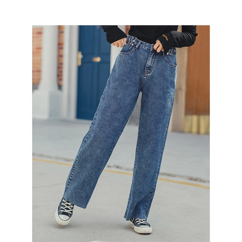 

INMAN 2020 Spring New Arrival Retro Metal Decoration Loose Straight Style Washed Technic Women Fitting Lady Jeans