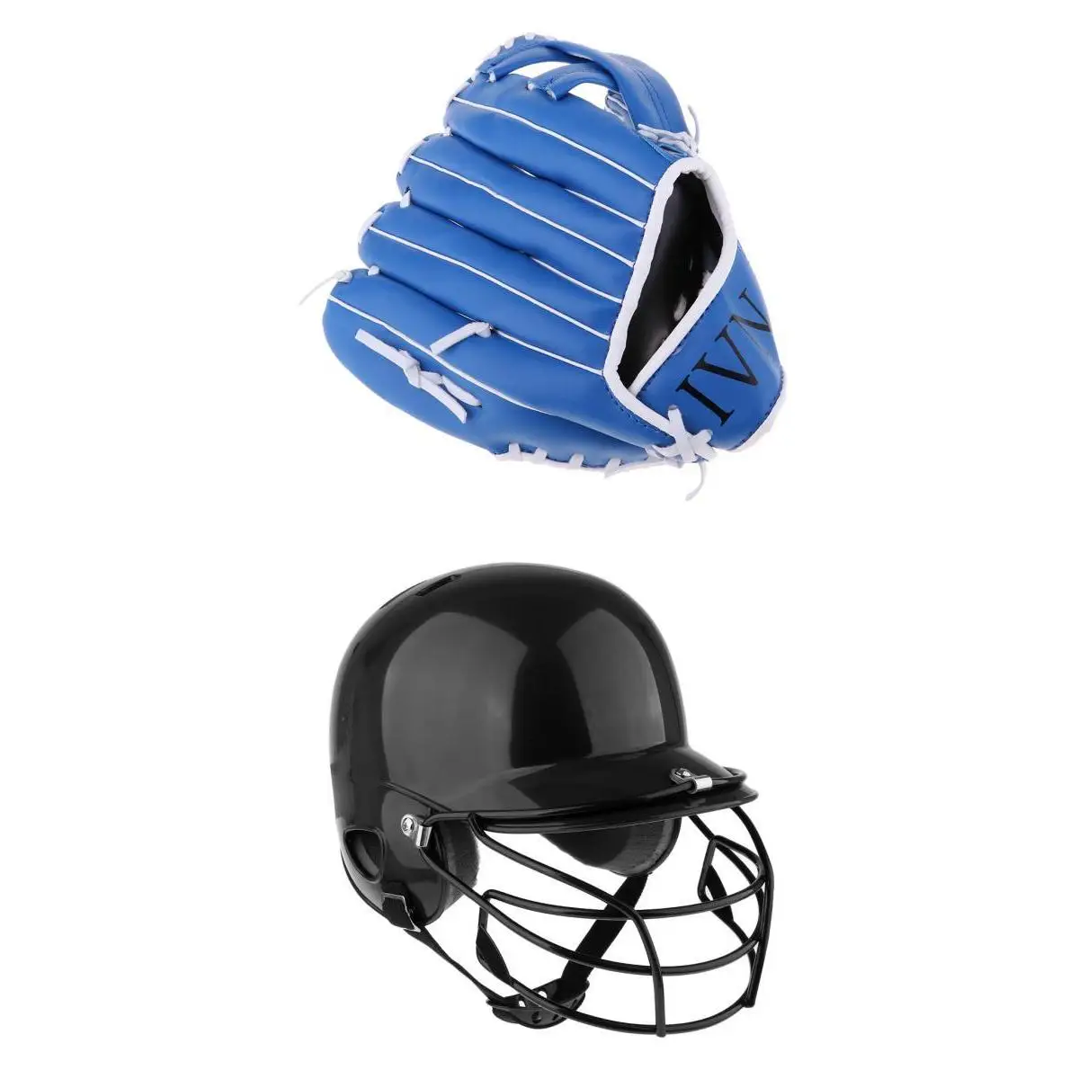 1 Set Black Baseball Bating Helmet Softball Compact Mask & Blue Baseball Softball Thicken Gloves Softball Catching Mitts