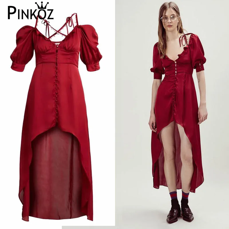 Pinkoz новые модные женские туфли с жемчугом с ремешками крест-накрест нерегулярные женские платья с открытой спиной сексуальный Вечерний клуб платье большого размера Элегантные красные - Цвет: Красный