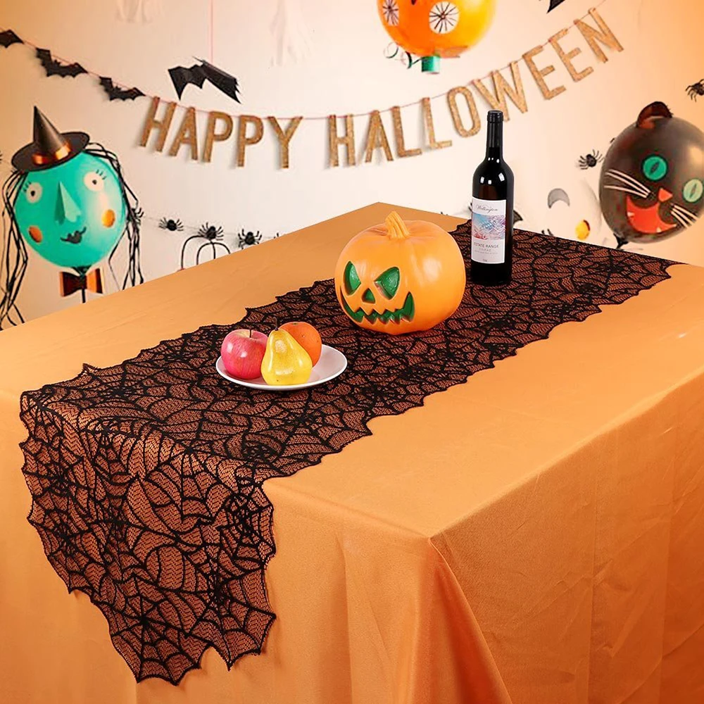 

Spider Web Party Curtain Table Flag Halloween Lace Table Cloth Stove Cover Valance Cobweb Banner Halloween Party Decor D40