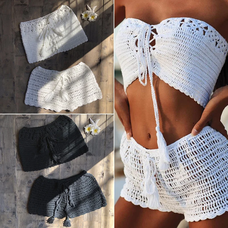 Solid Crochet Bikini Top Summer Shell Sexy Swimsuit Handmade Women Swimwear Suit Boho Beach Wear Knitted Thong Short Bottom