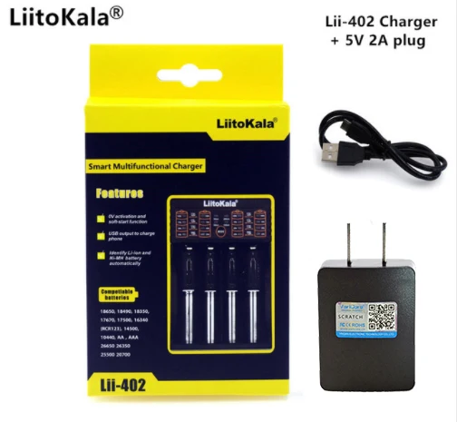 Lii402and 5V2A US Liitokala Lii-402 18650 зарядное устройство, Зарядка 18650 1,2 в 3,7 в 3,2 в AA/AAA 26650 10440 16340 NiMH литиевая батарея зарядное устройство - Цвет: Lii402and 5V2A US