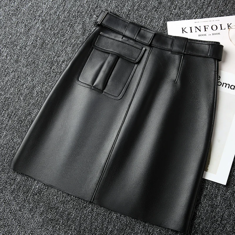 Женская юбка из натуральной овечьей кожи черная винтажная офисная