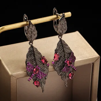 

Italy Jewelry Vintage Leaves Dragonfly Ruby Drop Dangle Earrings Female 925 Sterling Silver Earrings Wedding Jewelry