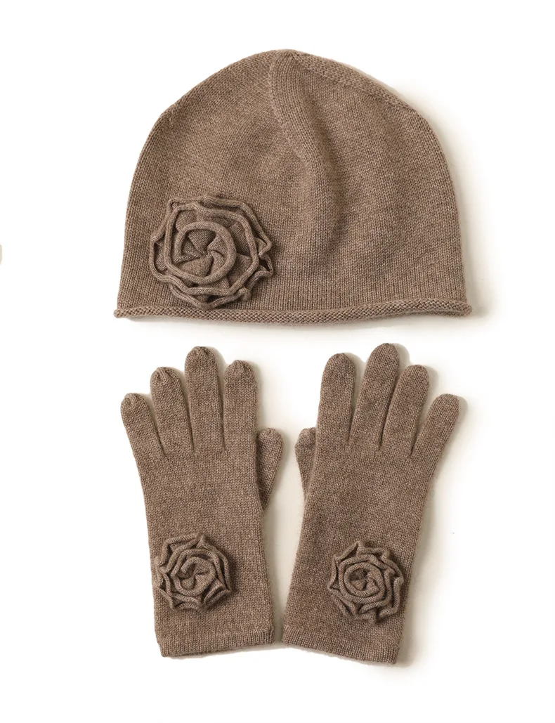Вязаные кашемировые шапки, перчатки для женщин, зимние женские шапки с цветком, одноцветные вязаные перчатки