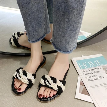 

Rope Slippers Pearl String Bead Open Toe Slides Summer Women Shoes Sweet Beach Shoes Women Flat Sandals 2020