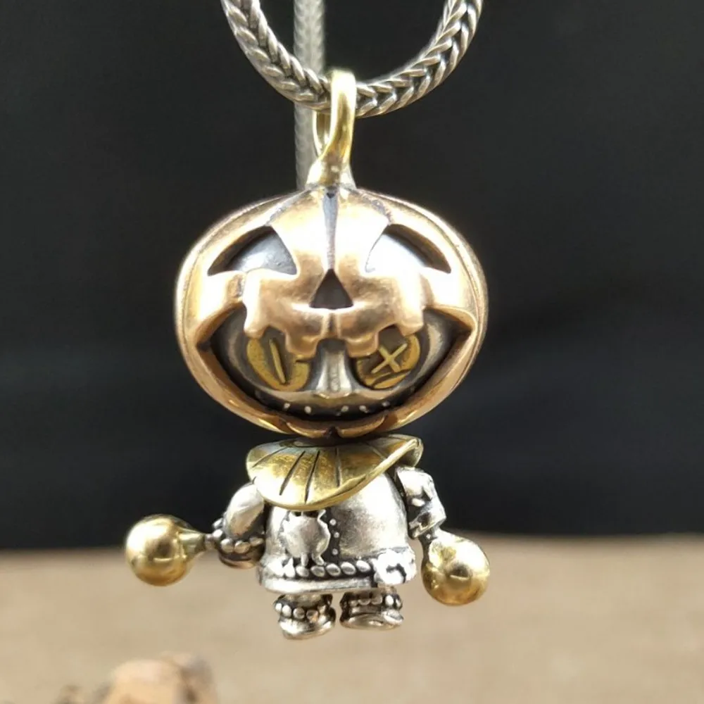 

BOCAI New Real Pure S925 silver personalized pumpkin doll Halloween gifts, retro fashion cartoon dolls Men and Woman pendants