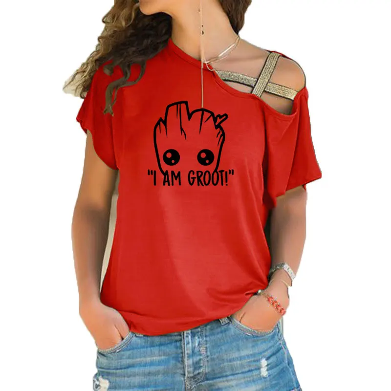 Женская футболка из аниме «Звездные войны», летняя забавная футболка с надписью «I AM groot», крутые топы, футболка с асимметричным переплетением, футболка СО ШНУРАМИ, большие размеры