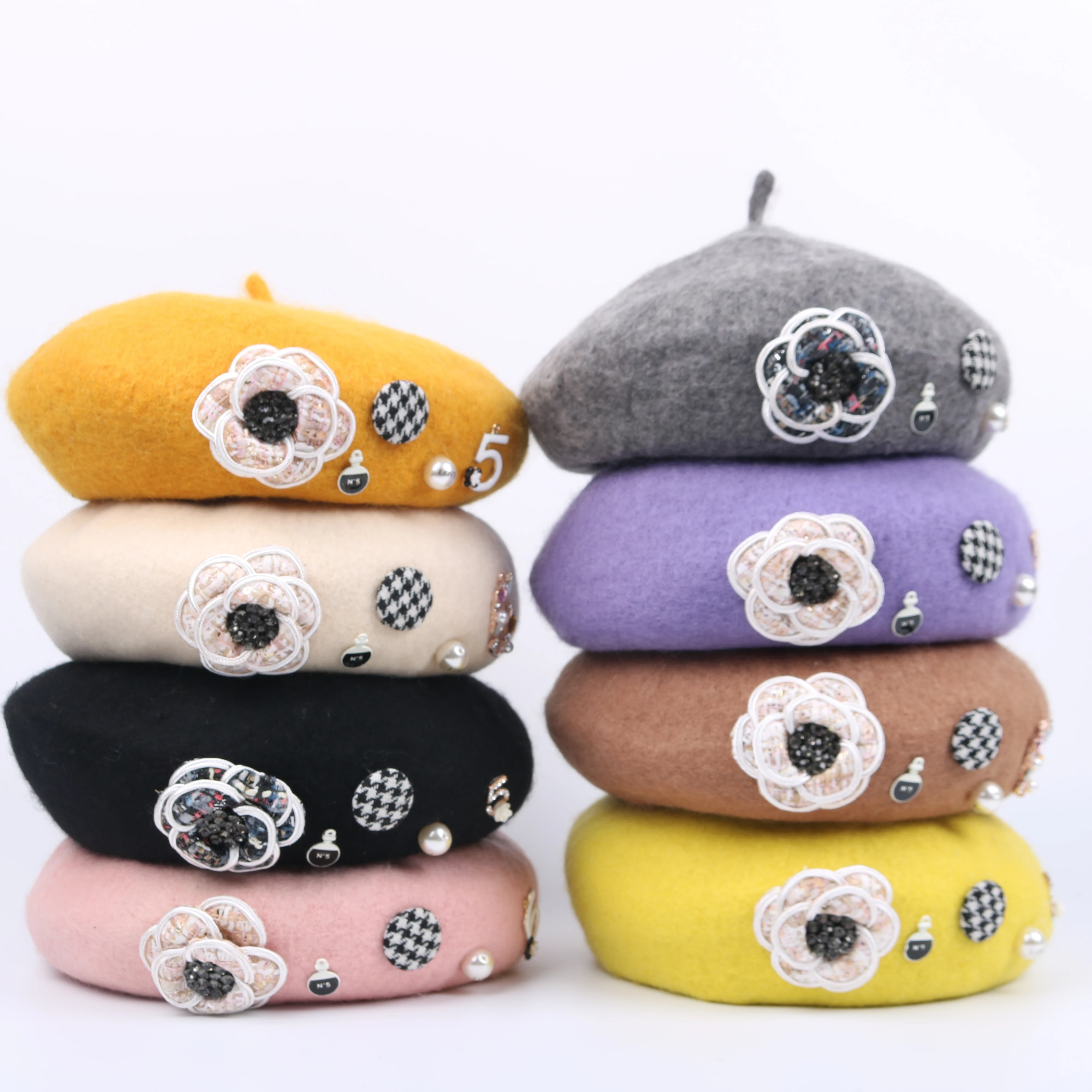 

INS Light Luxury Rhinestone Camellia Wool Beret Small French Retro Solid Color Stewardess Painter Cap For Children Gorras